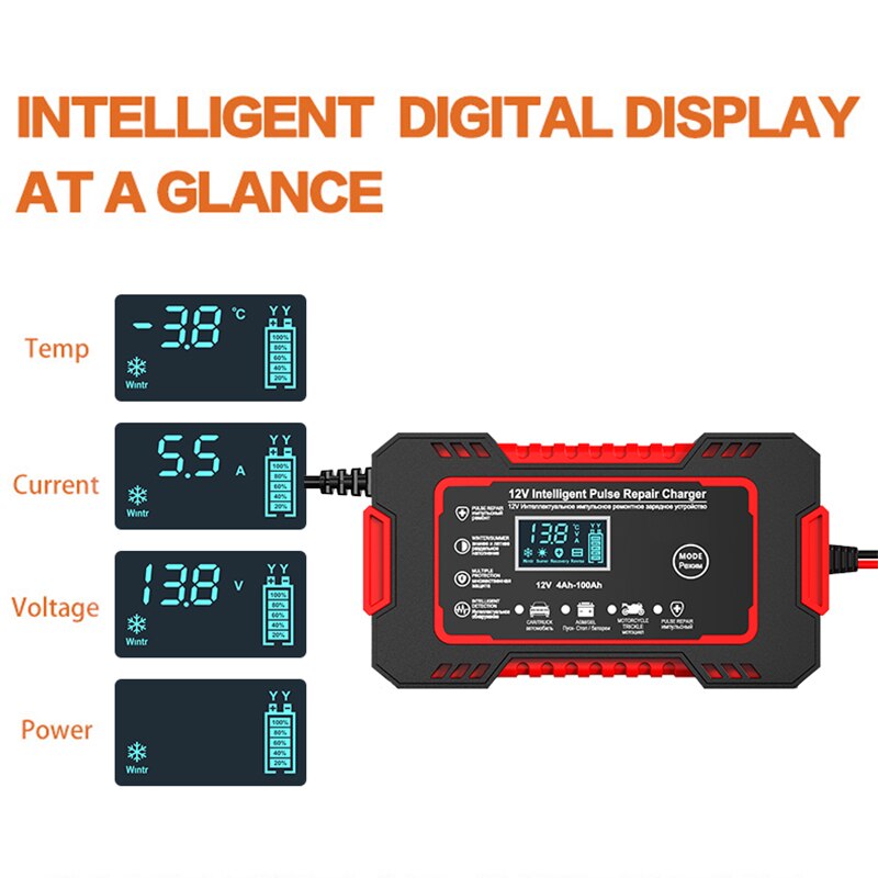 Raxiva-car battery charger 12v 6a pulse repair lcd display