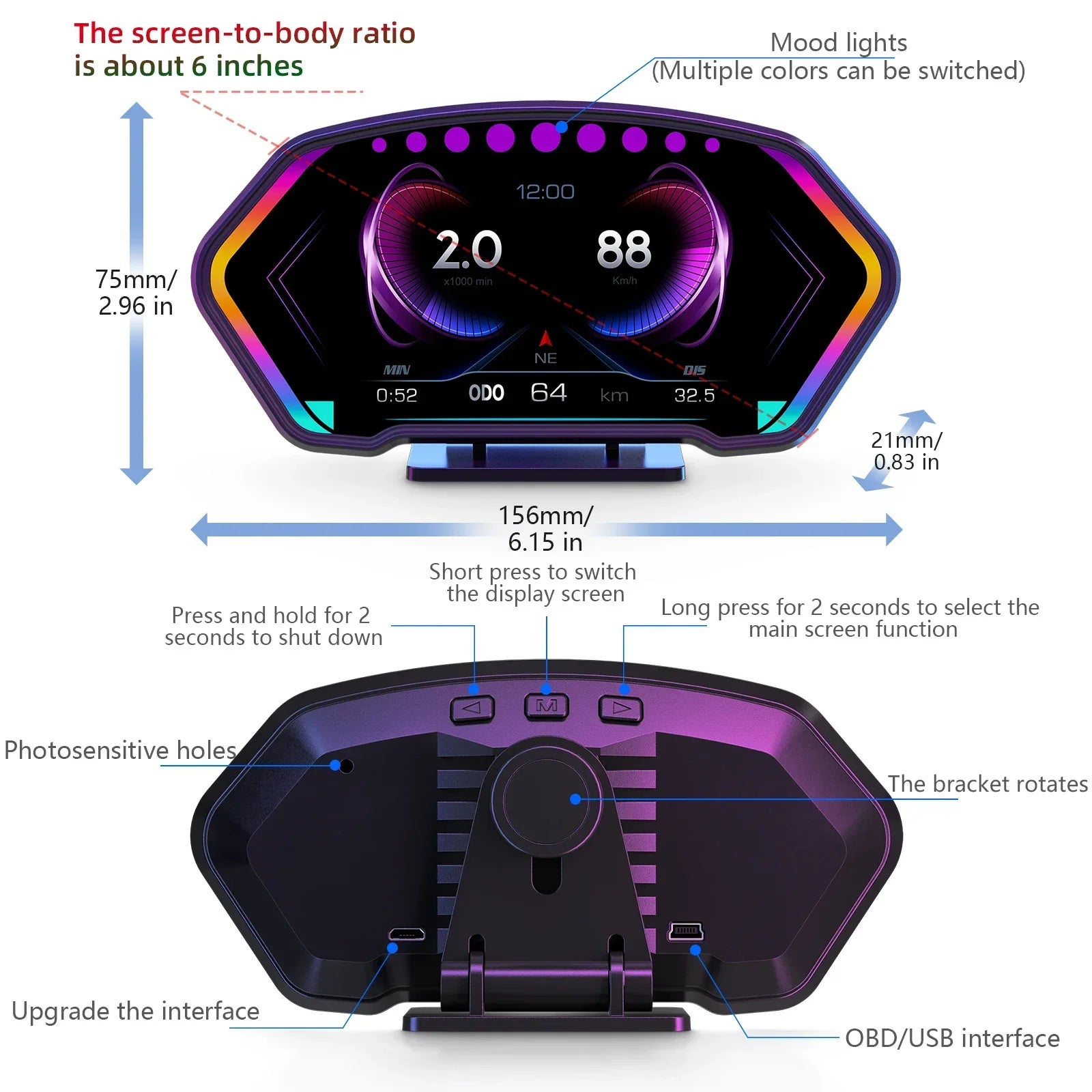 Raxiva - Advanced Digital Car Head-Up Crystal Display Speedometer – Dual OBD2+GPS System with Alarm, Turbo Pressure, Speedometer & Slope Indicator for Ultimate Driving Control