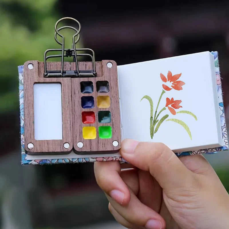 Raxiva - Portable Black Walnut Watercolor Palette Set – Handmade Travel Paint Box with Brush, 0.5ML Schmincke Paint Tray, and Book for Artistic Journeys