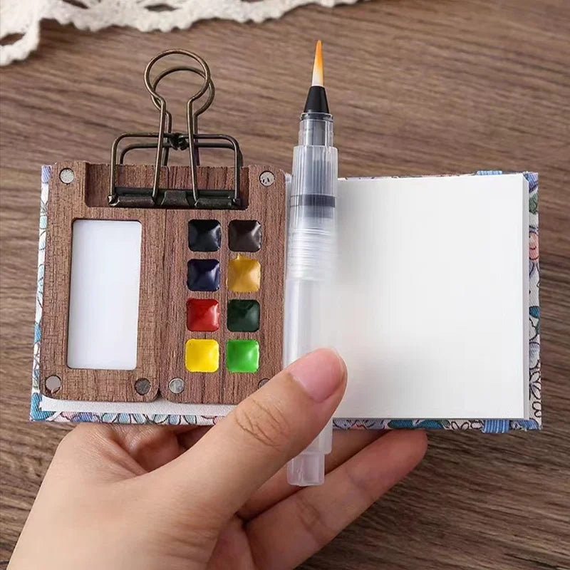 Raxiva - Portable Black Walnut Watercolor Palette Set – Handmade Travel Paint Box with Brush, 0.5ML Schmincke Paint Tray, and Book for Artistic Journeys