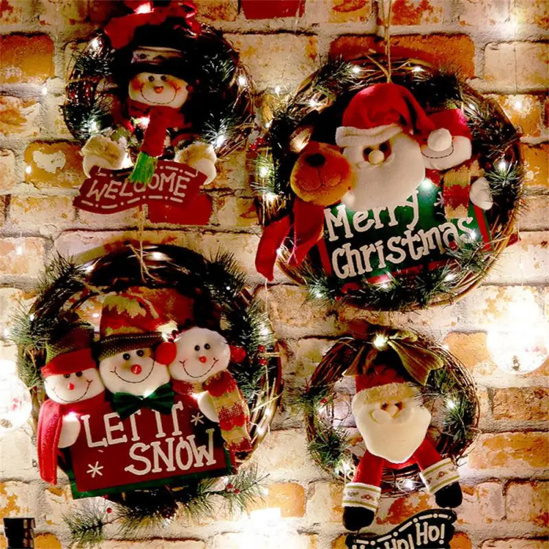 Raxiva - Rustic Christmas Wooden & Rattan Wreath with Santa, Snowman, and Elk Dolls – Enchanting Holiday Charm Perfect Festive Door Ornaments