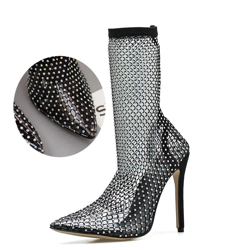 Raxiva - Summer Sparkle Rhinestone Mesh Pointed-Toe Sandals – Dazzling Stiletto High Heels for the Glamorous Woman, Perfect for Elevating Your Style!
