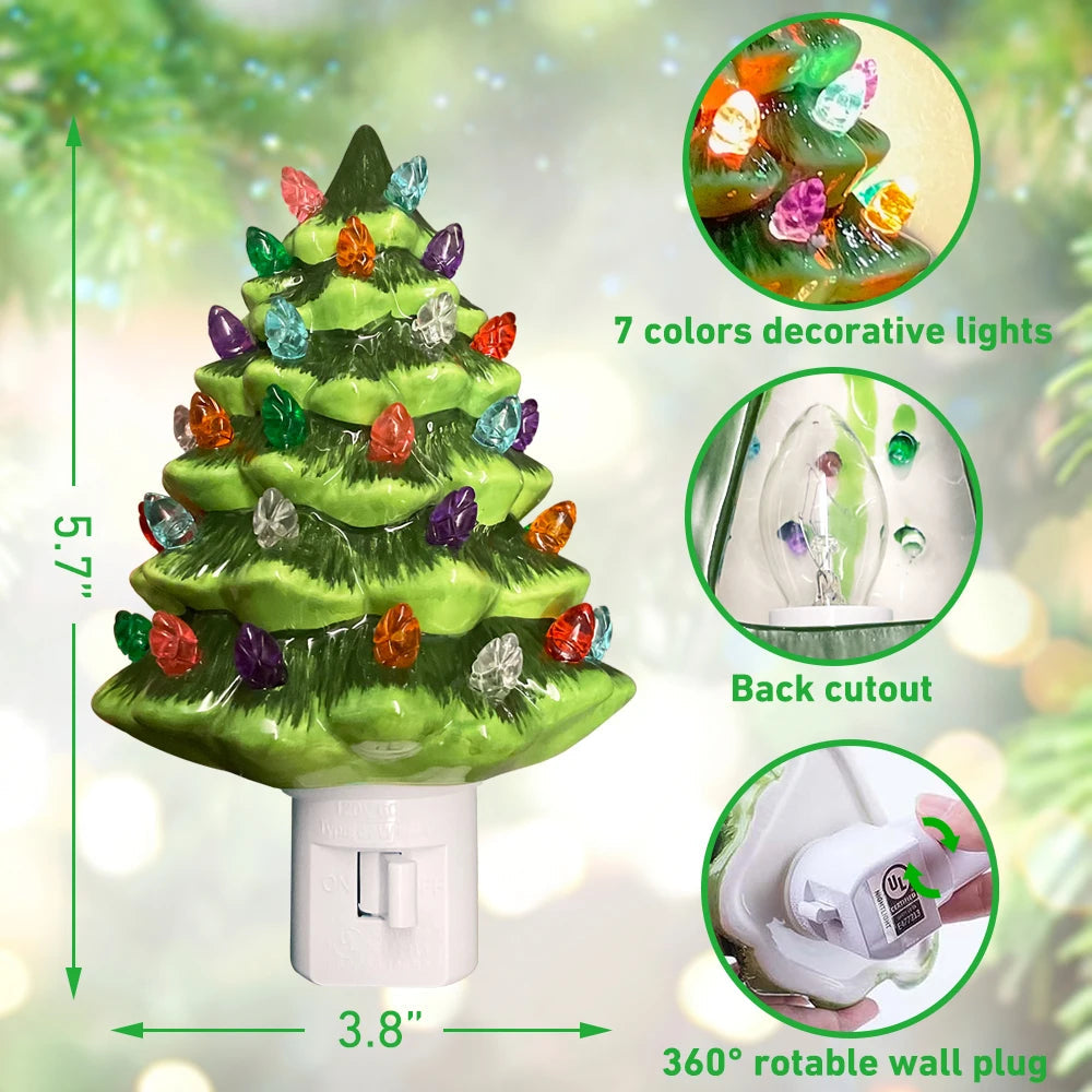 Raxiva - Vintage Ceramic Christmas Tree Night Light – Hand-Painted Plug-In Holiday Glow