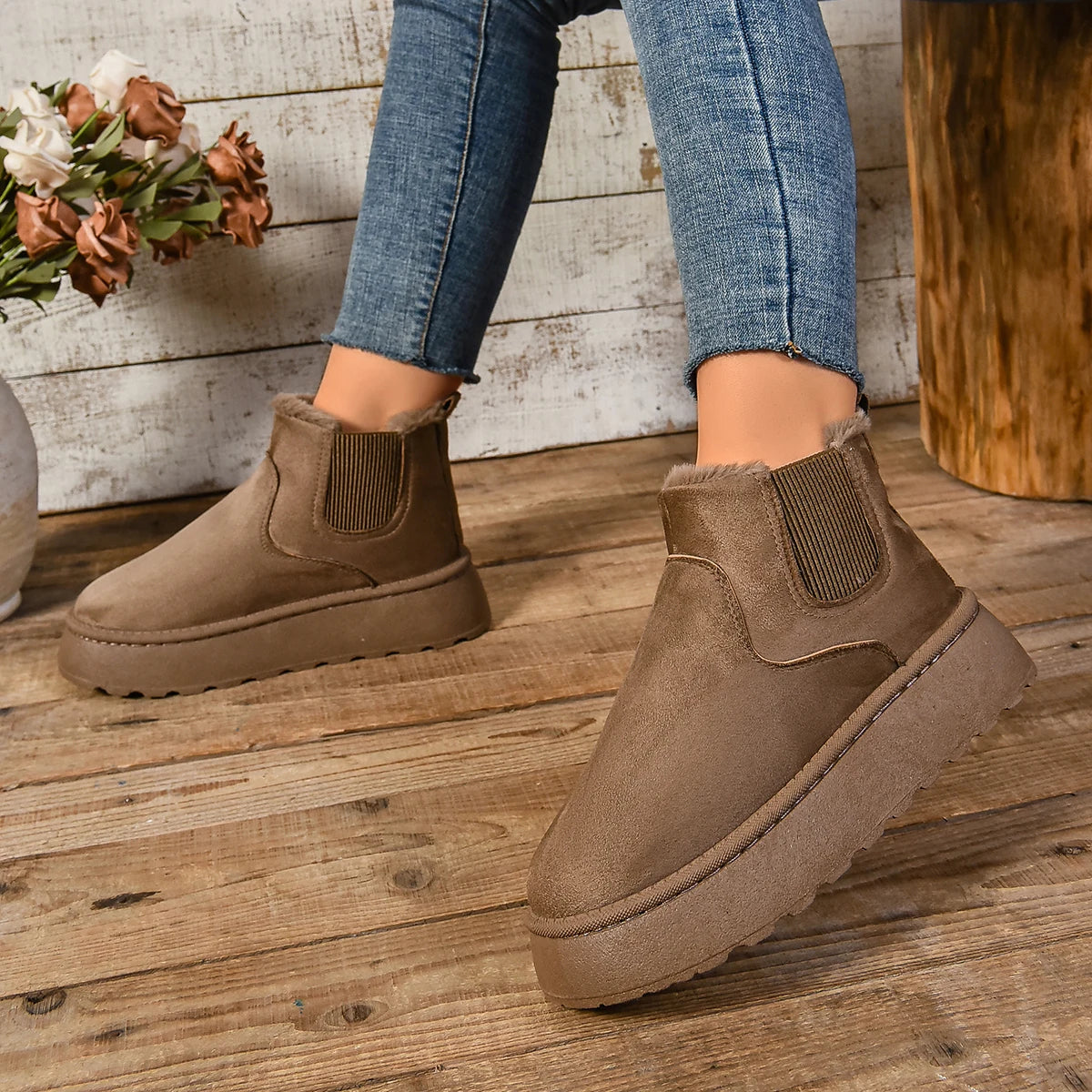 Raxiva - Women's Plush Suede Ankle Snow Boots – Cozy Fur-Lined Chelsea Flats for Winter Warmth & Style