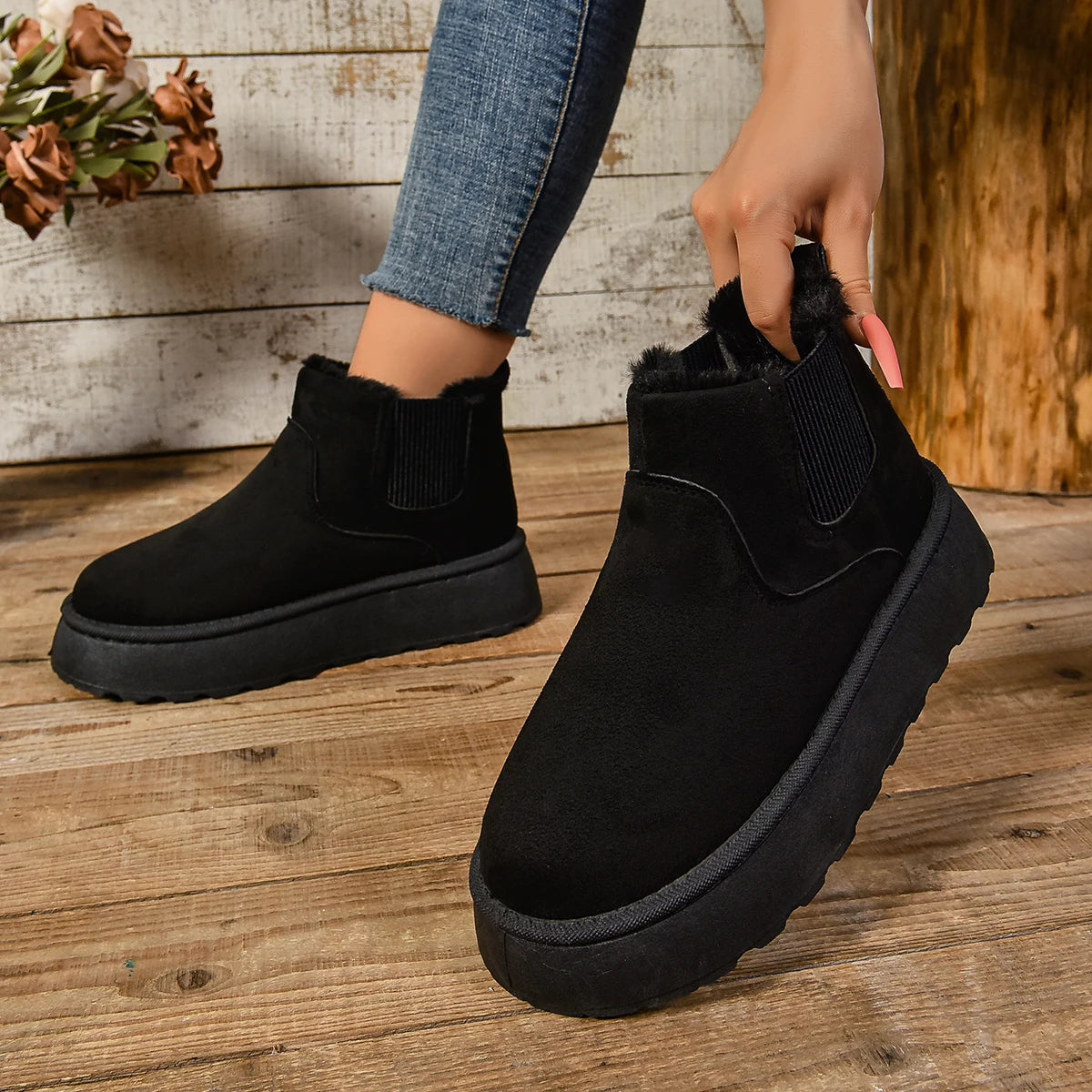 Raxiva - Women's Plush Suede Ankle Snow Boots – Cozy Fur-Lined Chelsea Flats for Winter Warmth & Style