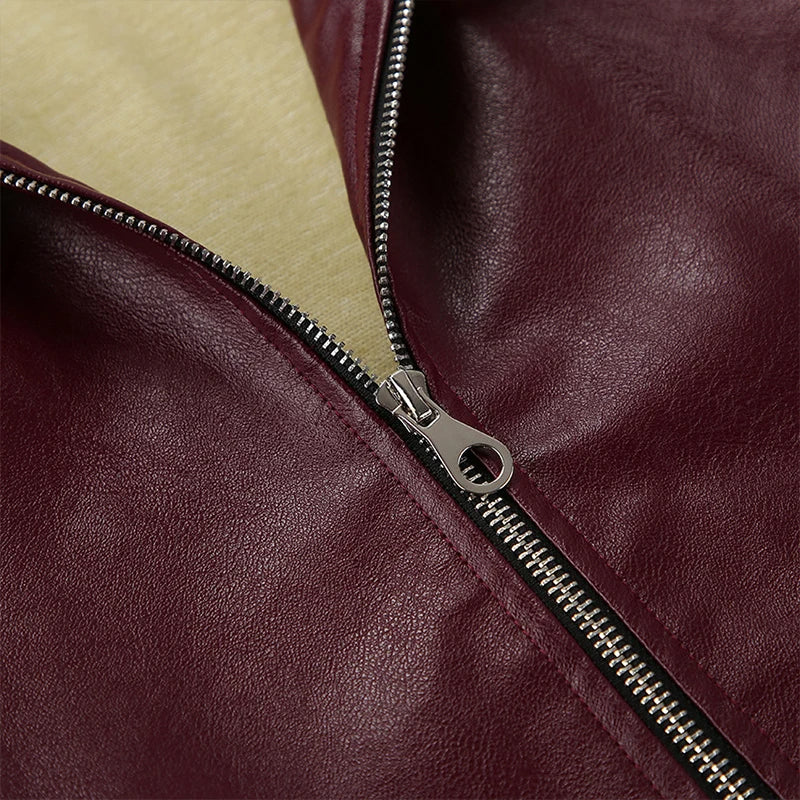 Raxiva - Burgundy Faux Leather Jacket for Women – Stylish Lapel Zipper Design and Long Sleeves for Autumn/Winter Street Fashion