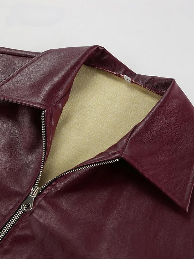 Raxiva-burgundy faux leather jacket women lapel zipper long sleeves autumn winter fashion