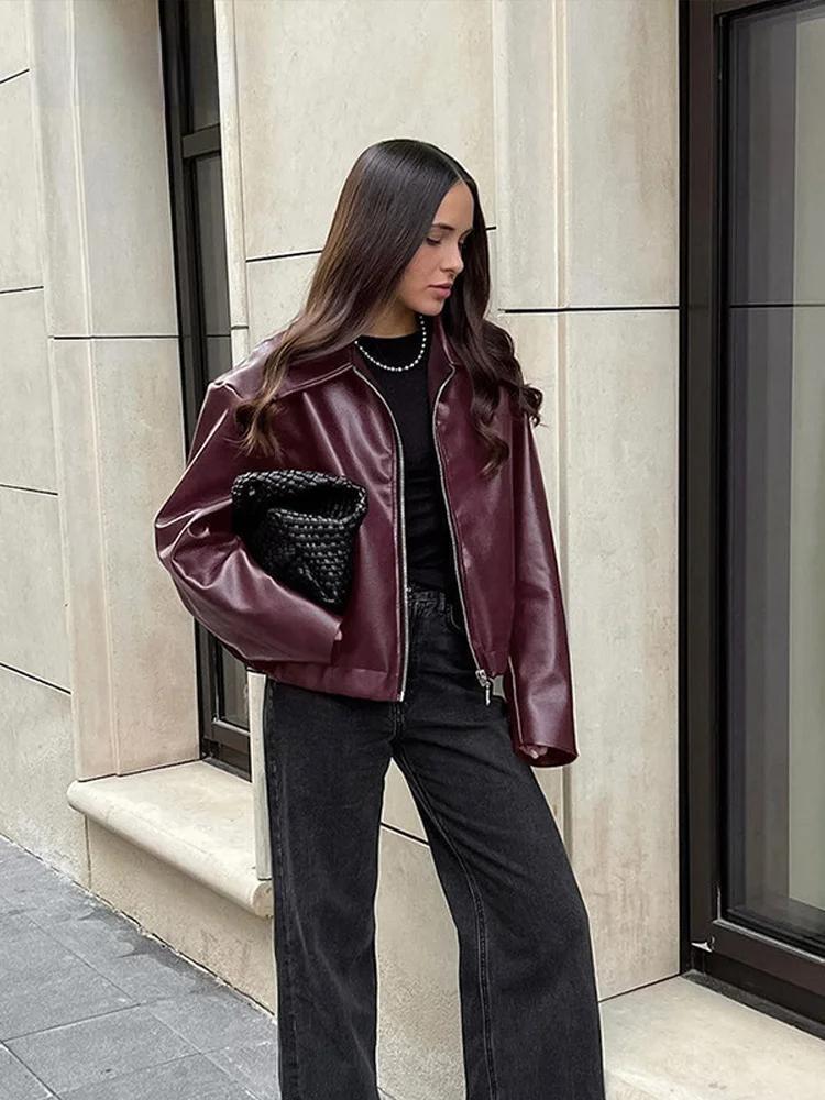 Raxiva-burgundy faux leather jacket women lapel zipper long sleeves autumn winter fashion