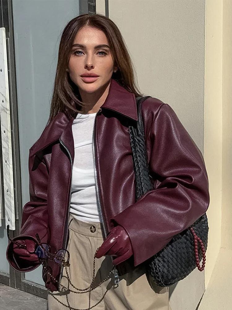 Raxiva-burgundy faux leather jacket women lapel zipper long sleeves autumn winter fashion