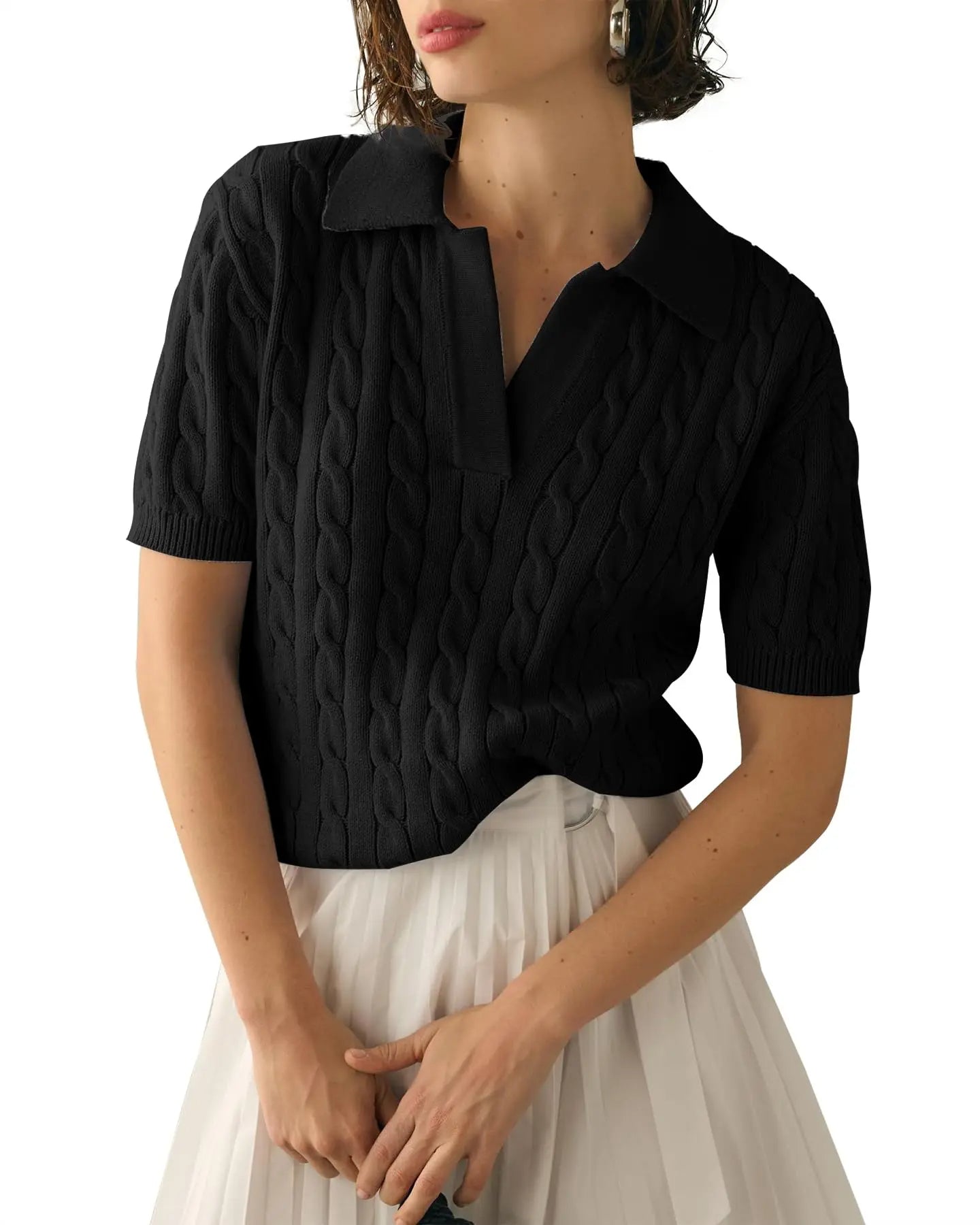 Raxiva-casual cable knit vneck short sleeve sweater soft pullover spring summer