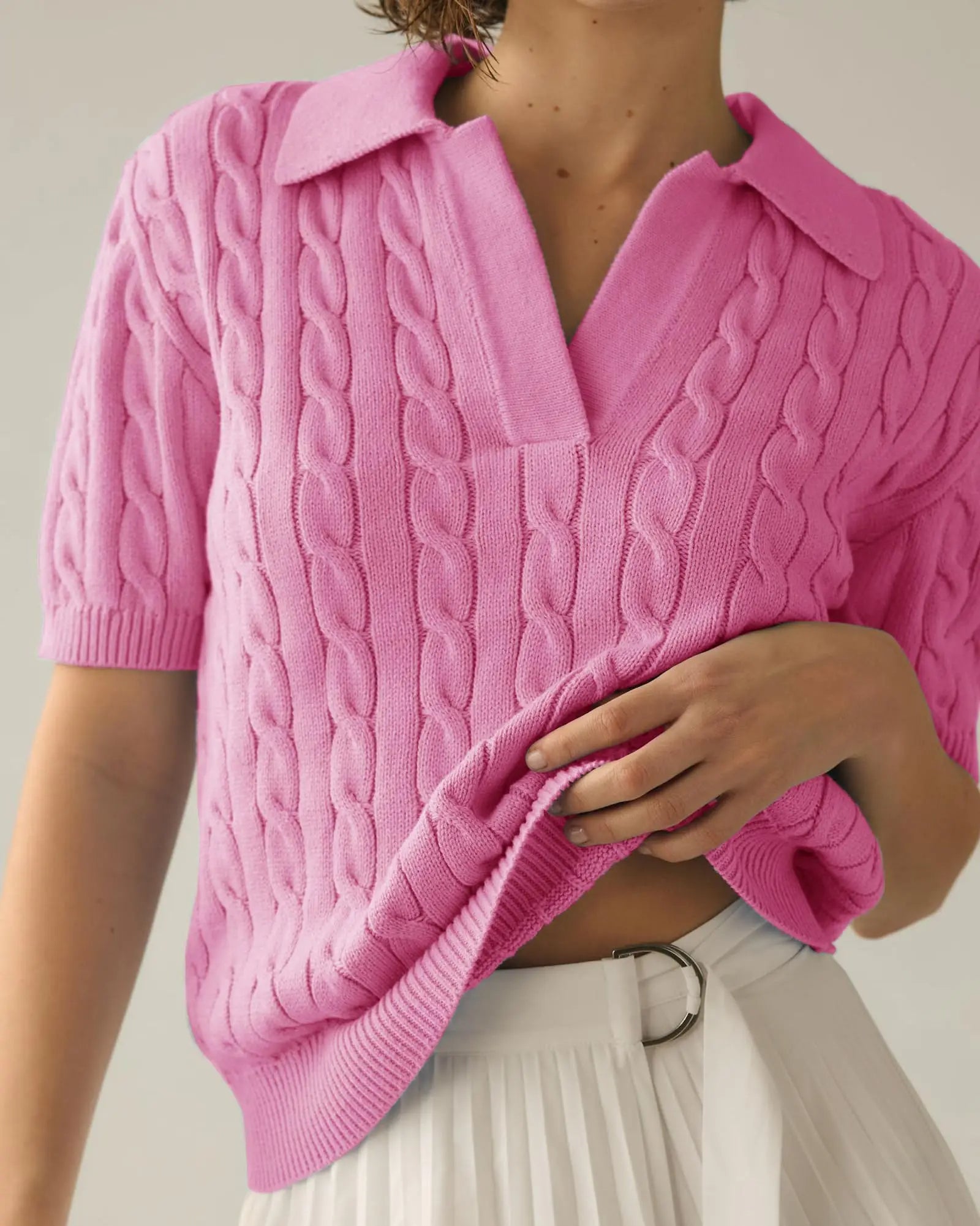 Raxiva-casual cable knit vneck short sleeve sweater soft pullover spring summer