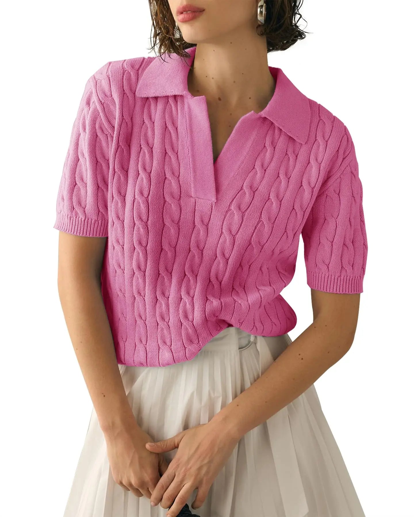 Raxiva-casual cable knit vneck short sleeve sweater soft pullover spring summer