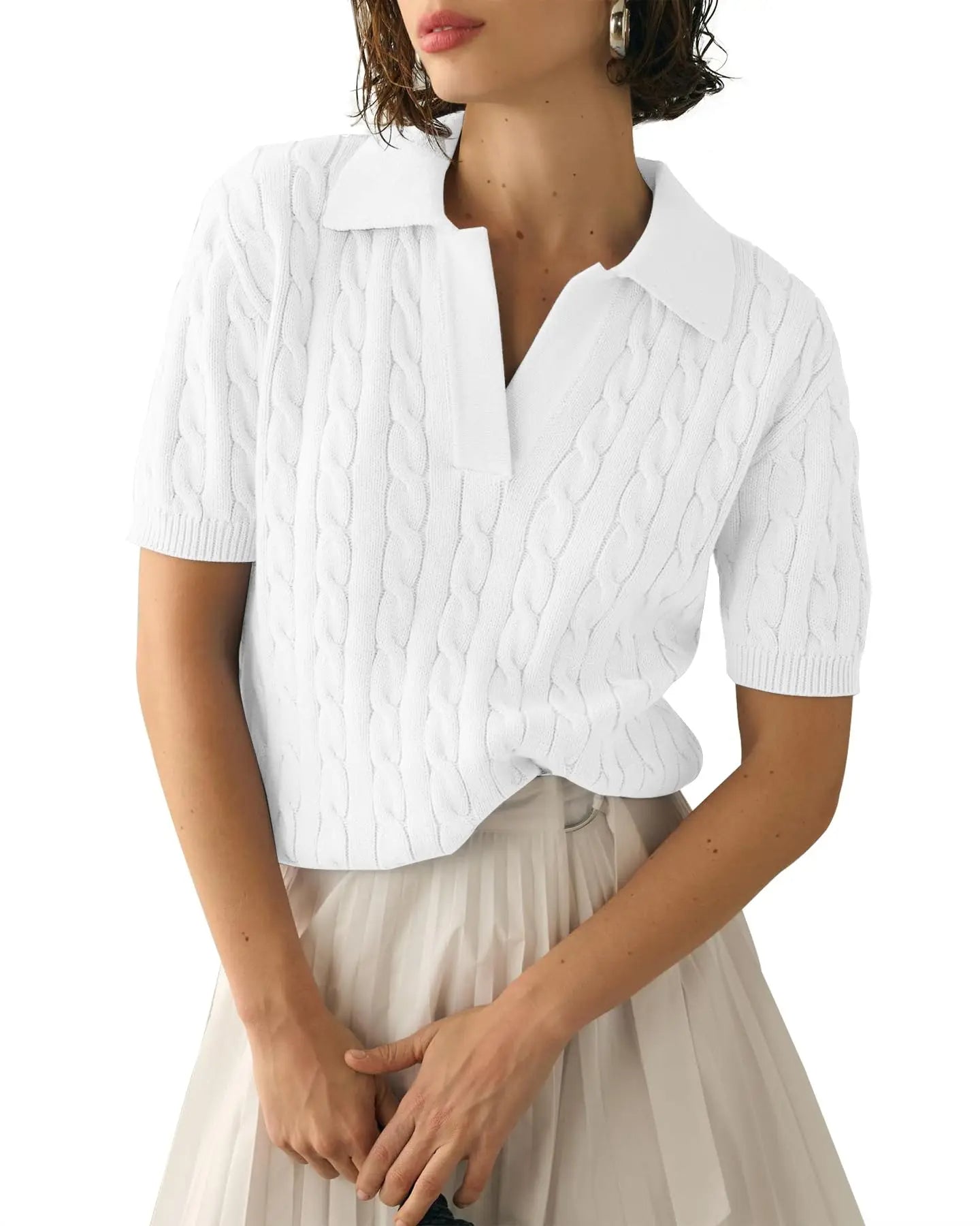 Raxiva-casual cable knit vneck short sleeve sweater soft pullover spring summer