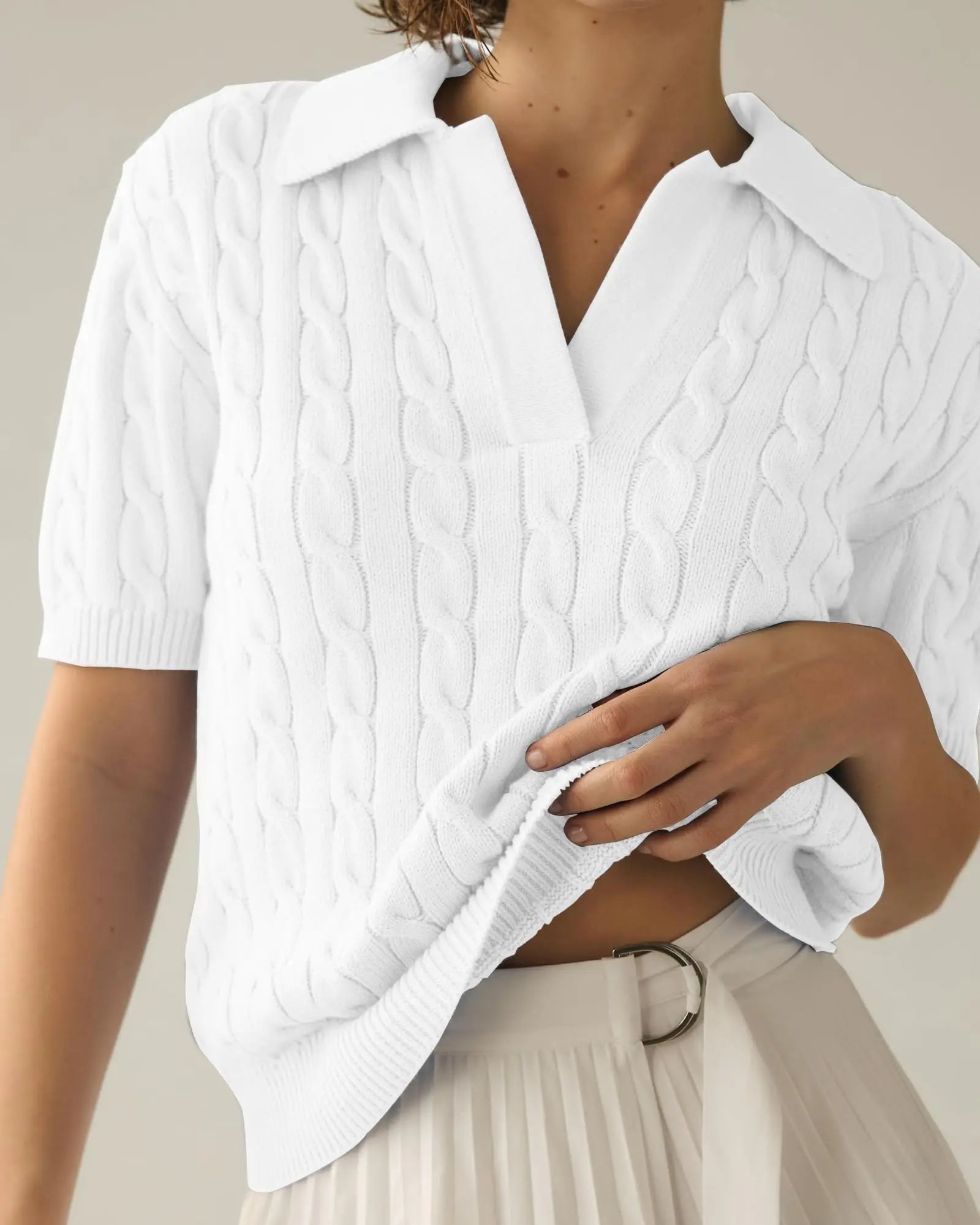 Raxiva-casual cable knit vneck short sleeve sweater soft pullover spring summer
