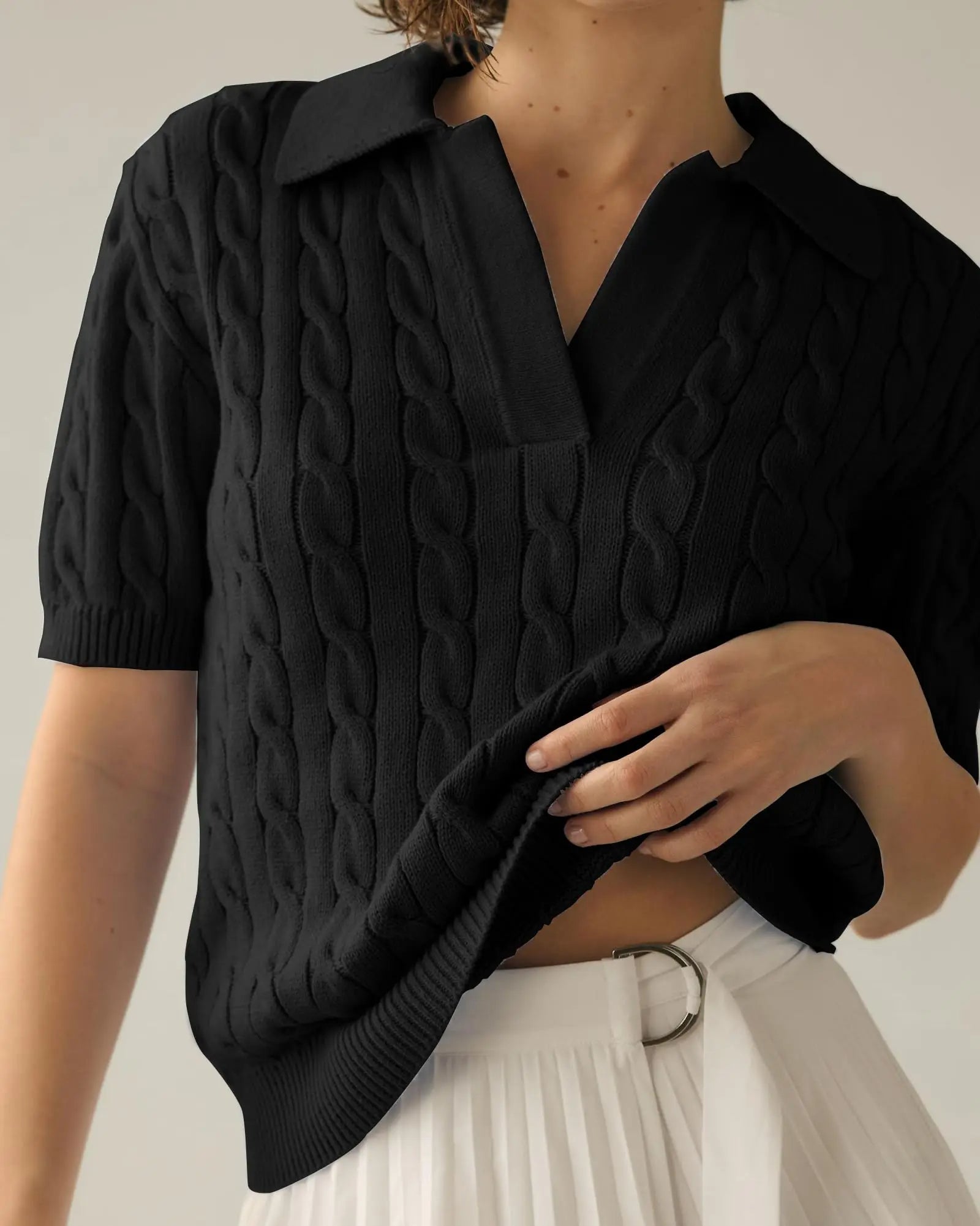 Raxiva-casual cable knit vneck short sleeve sweater soft pullover spring summer