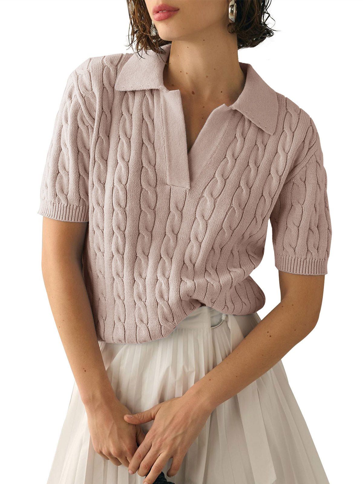 Raxiva-casual cable knit vneck short sleeve sweater soft pullover spring summer