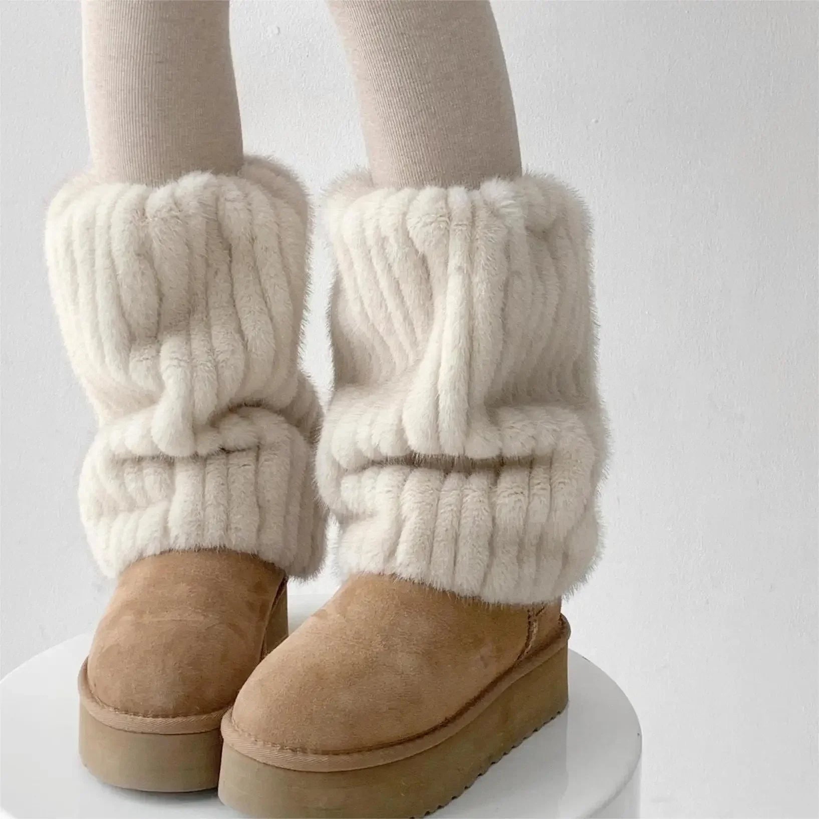 Raxiva-luxurious thick imitation mink fur leg warmers women plush mid length socks harajuku parties