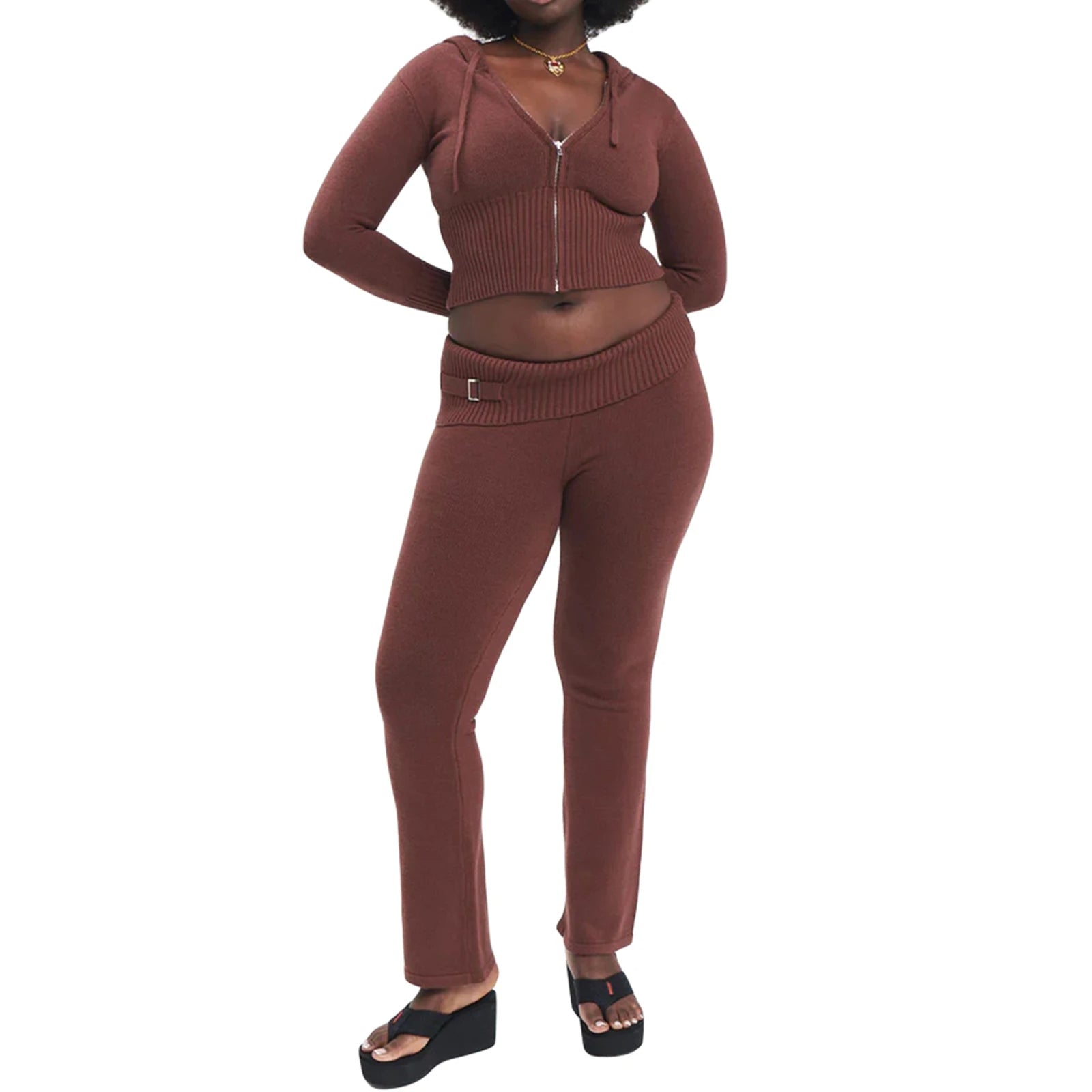 Raxiva-ribbed knit lounge set women zip hoodie high waist wide leg pants 2 piece loungewear
