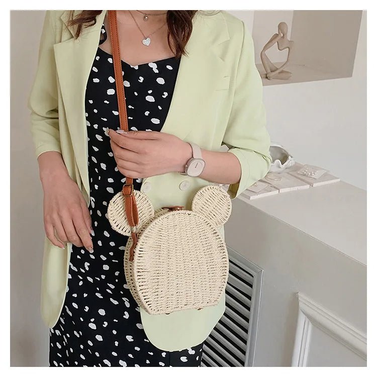 Raxiva-small round rattan mickey shoulder bag cute handbag for travel beach vacations