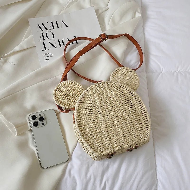 Raxiva-small round rattan mickey shoulder bag cute handbag for travel beach vacations