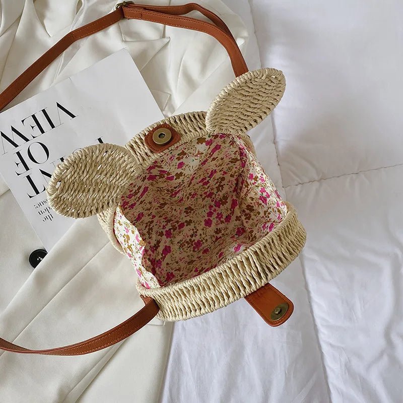 Raxiva-small round rattan mickey shoulder bag cute handbag for travel beach vacations
