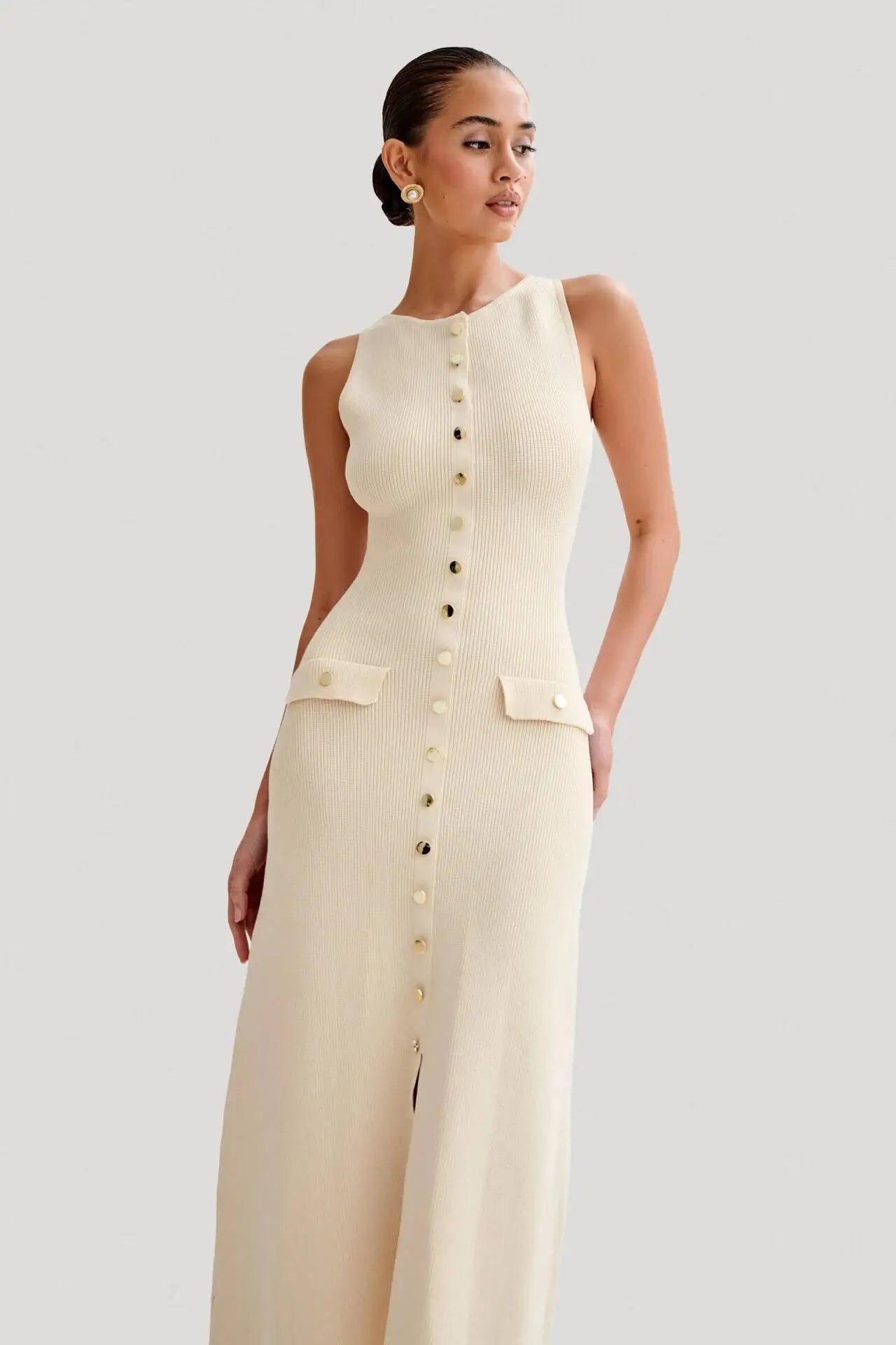 Raxiva-summer sleeveless knitted bodycon dress elegant buttoned o neck party dress