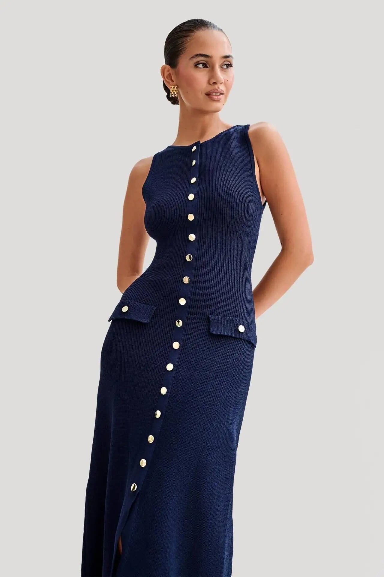 Raxiva-summer sleeveless knitted bodycon dress elegant buttoned o neck party dress
