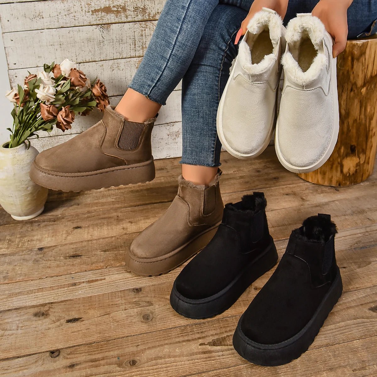 Raxiva-womens plush suede ankle snow boots cozy fur lined chelsea flats winter warmth style