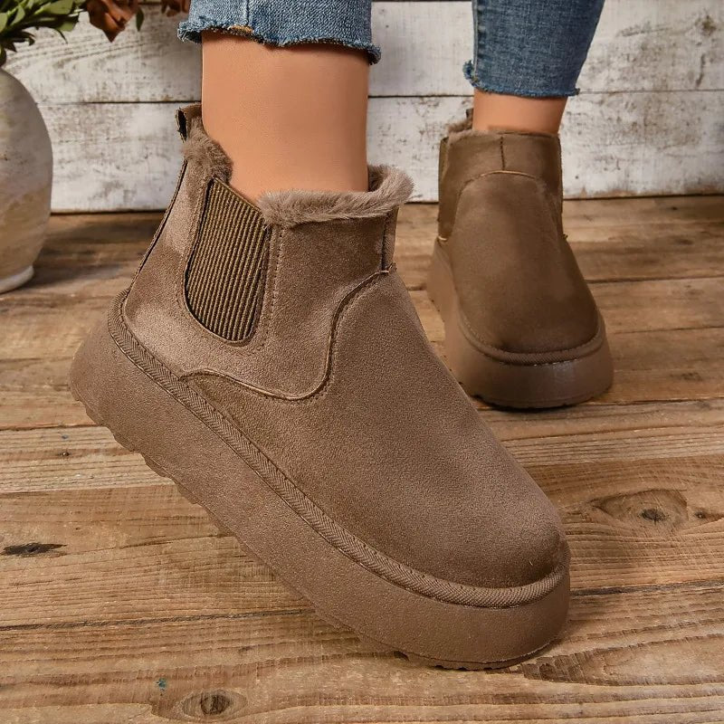 Raxiva-womens plush suede ankle snow boots cozy fur lined chelsea flats winter warmth style