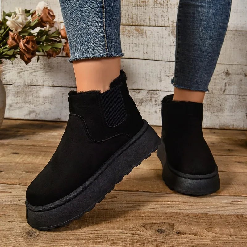 Raxiva-womens plush suede ankle snow boots cozy fur lined chelsea flats winter warmth style