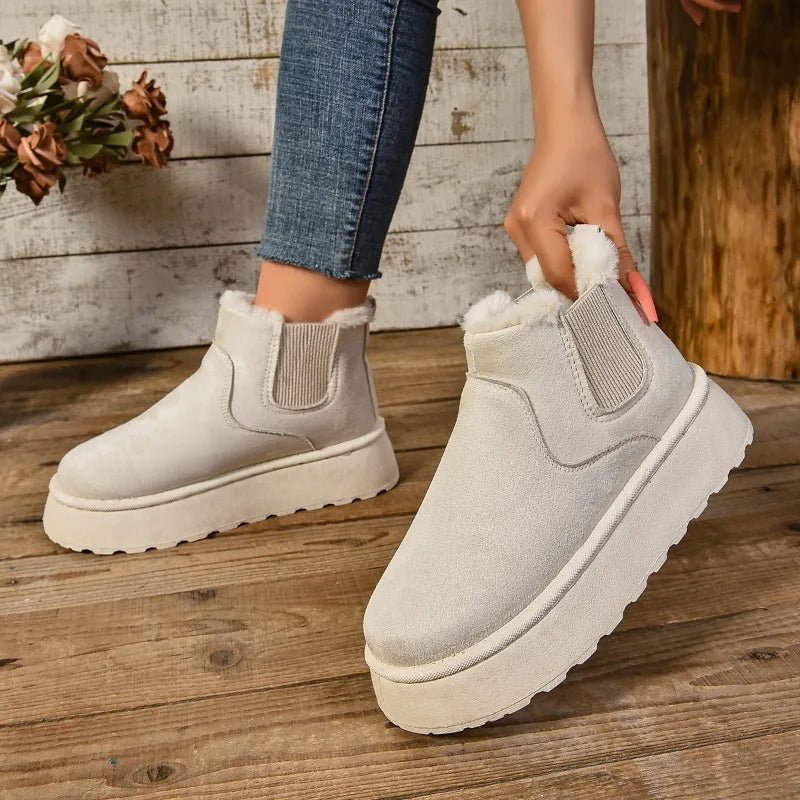 Raxiva-womens plush suede ankle snow boots cozy fur lined chelsea flats winter warmth style